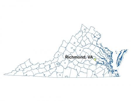 A map of Virginia highlighting the location of Richmond