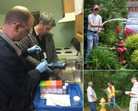 EPA scientists analyzing drinking water samples (Left image), EPA scientist sampling fire hydrant for disinfectant residuals (top right), EPA scientist and citizens collecting water sample from fire hydrant (bottom right)