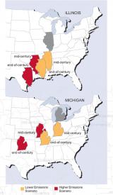 Under lower emissions scenario the Illinois climate is projected to be similar to that of Louisiana at the end of the century. Under higher emissions scenario, it will be like Oklahoma or Texas at the mid century. Similar projections are made for Michigan