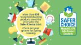 cartoon cleaning supplies in a circle and the Safer Choice label