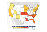 Map showing the rate of heat-related hospitalizations per 100,000 population in 23 states from 2001 to 2010.
