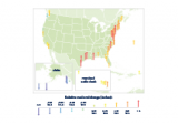 Color-coded map showing changes in relative sea level at points along the U.S. coastline from 1960 to 2015.