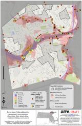 Map: Demographic, Flood Zones, E. Coli Water Quality Data, and Potential Exposure Locations (Lawrence, MA)