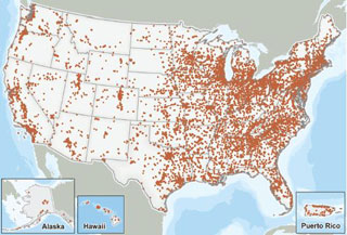 Map showing the geographic distribution of TRI reporting facilities in the United States