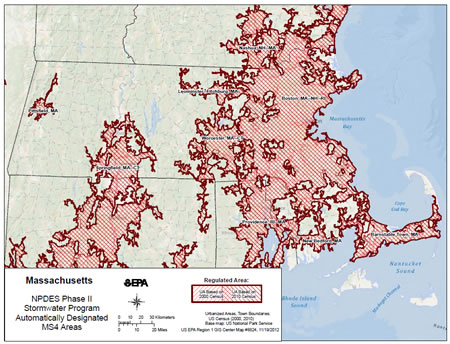 Map of Regulated MS4 Areas in Massachusetts. Click here for a larger image.