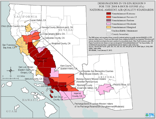 Map of Region 9 Ozone Attainment Designations for the 8-hour Standard