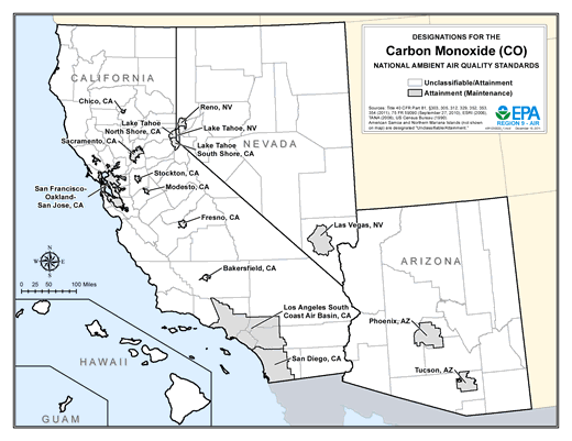 Map of Region 9 Carbon Monoxide attainment