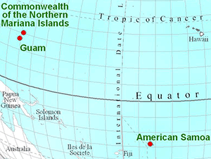 This panoramic map of the western Pacific Ocean shows how very far apart the islands of Samoa are from Guam & the Marianas islands