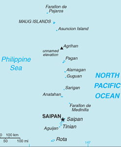 This map shows the 14 islands of CNMI scattered over a broad swath of the Pacific Ocean
