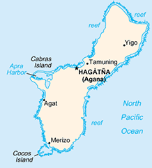 This map of the island of Guam shows its relatively isolated position in the far western Pacific
