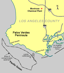Map showing location of contaminated ocean sediment in relation to  the Palos Verdes Peninsula, the Montrose Chemical Plant, and the Los Angeles County Sanitation District sewer outfalls.