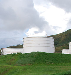These huge oil tanks overlook the precious refuge ponds maintained by Tristar for sanctuary of the endangered Mariana moorhen