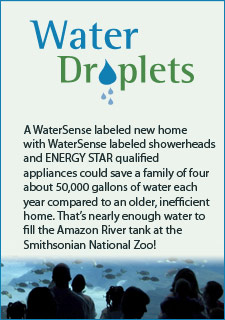 A WaterSense labeled new home with WaterSense labeled showerheads and ENERGY STAR qualified appliances could save a family of four about 50,000 gallons of water each year compared to an older, inefficient home. That's nearly enough water to fill the Amazon River tank at the Smithsonian National Zoo!