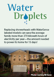 Water Droplets: Replacing showerheads with WaterSense labelled models can save the average family more than 370 kilowatt-hours of electricity per year—the amount needed to power its home for 13 days!