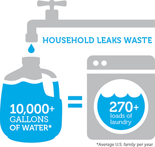 Household Leaks Waste infographic: 11,000 Gallons of Water = 270+ Loads of Laundry